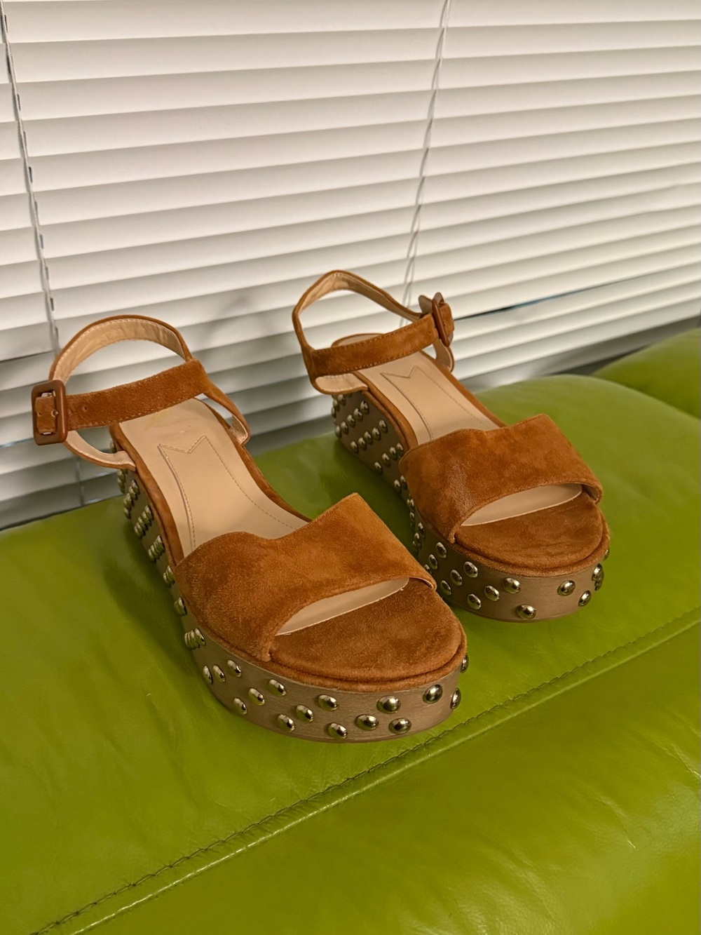 Brian Atwood Cognac Suede Studded Platform Sandals
